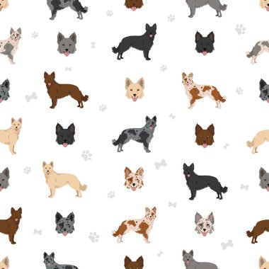 Mudi kusursuz desen. Farklı pozlar, farklı renkler. Vektör illüstrasyonu