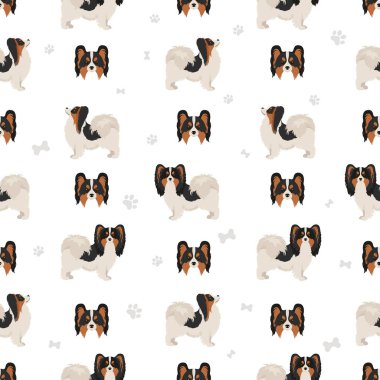 Papillon dikişsiz desen. Farklı pozlar, farklı renkler. Vektör illüstrasyonu