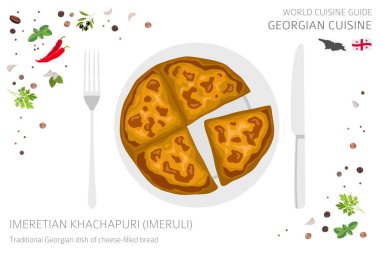 World cuisine guide. Georgian cuisine. Imeretian khachapuri, imeruli bread isolated on white, infograpic. Vector illustratio