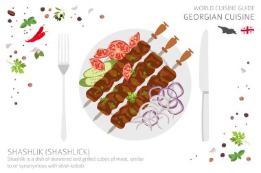 World cuisine guide. Georgian cuisine. Shashlik isolated on white, infograpic. Vector illustratio