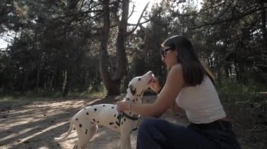 Bir kız ve bir köpek. Parkta evcil hayvanla neşeli bir yürüyüş. Dalmaçyalı. İnsanlar ve bir köpek ormanda yürüyor..