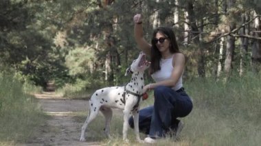 Dalmaçyalı. En iyi arkadaş. Bir Köpek ve Kız. Köpekle oynuyordum. Evcil hayvanla neşeli bir yürüyüş. Köpekle yürü..