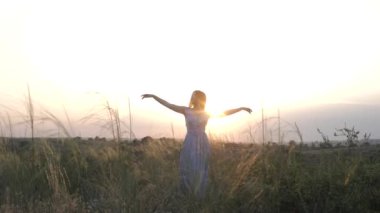 Meadow 'daki kız. Özgür kız. Hafta sonu tatilinde doğanın tadını çıkarıyorum. Gün batımında mutlu gezginler. Boş Tatil.
