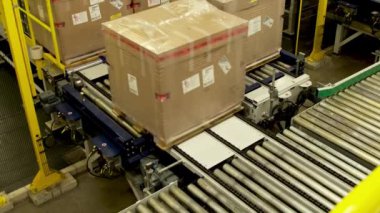 Robot teçhizatı. Paketleme makinesi. Otomatik makine. Endüstriyel Fabrika Makineleri. Kutularda Mallar. Ürün Dağıtım Lojistik Merkezi.