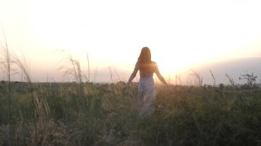 Özgür kız. Meadow 'daki kız. Hafta sonu tatilinde doğanın tadını çıkarıyorum. Gün batımında mutlu gezginler. Tatil gezisi. Gün batımında kadınlar.