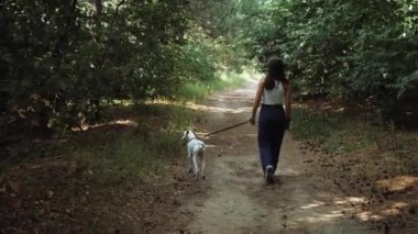 Bir kız ve bir köpek. Evcil hayvanla neşeli bir yürüyüş. Dalmaçyalı.