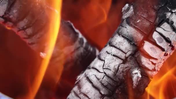 El fuego está ardiendo en la chimenea. Hearth. Calidez y comodidad en el hogar. Las llamas de una casa de campo. El tronco ardiente de un árbol. — Vídeos de Stock