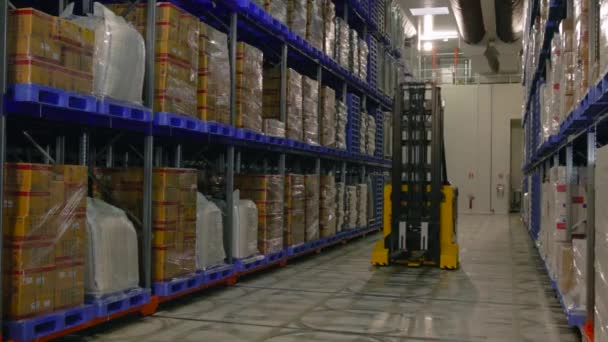Storehouse. Products at the warehouse. Industrial interior storage room. Forklifts traveling between the rows in the warehouse. Logistics. — Vídeo de Stock