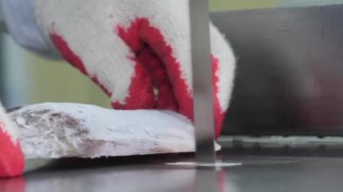 Balık dilimleme makinesi. Bıçak, el yapımı. Deniz ürünleri fabrikası modern balık fabrikasında taze balık hazırlıyor..