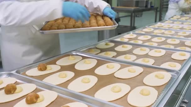 제과점, 제과점 제품 제조. 빵을 만드는 크로와 상을 만드는 반죽. — 비디오