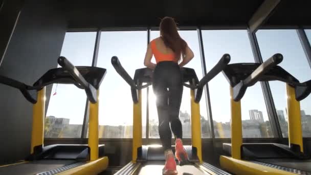 Mädchen auf dem Laufband. Fitnessfrauen. Sportgeräte in einem Fitnessstudio. Cardio-Routine im Simulator. Sexy Frau — Stockvideo