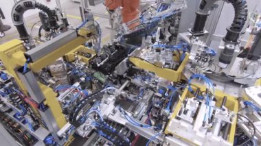 Modern production technologies. Smart robotic. Automated machine. Commercial mass production. High tech machinery plant. Robotic equipment at factory.