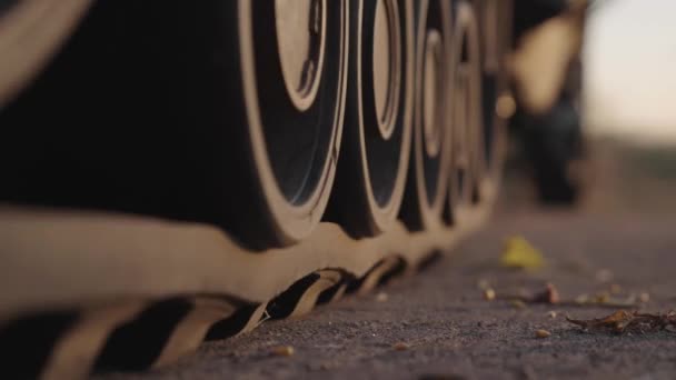 Caterpillar Tracks Military Tank Moving Road — Vídeo de stock