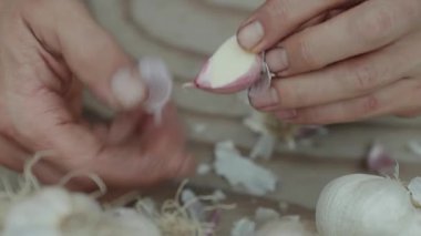 Eller sarımsağın başını temizler. Koruma hazırlığı.