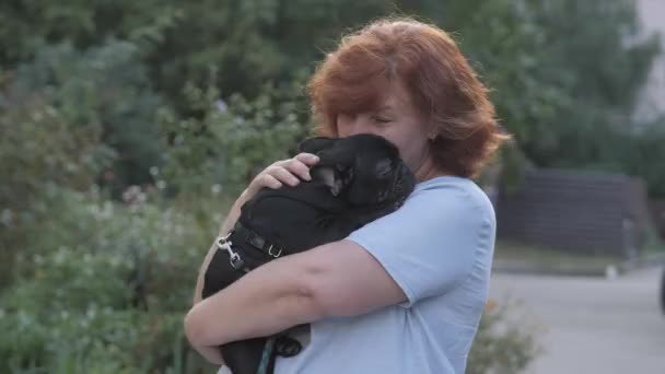 Жінка Прогулює Собаку Вздовж Стежки Парку Сонячний День — стокове відео