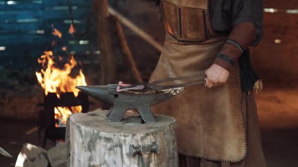 Blacksmith Forge Forges Horseshoe Blacksmith Makes Iron Products Flames Fire — Stock Video