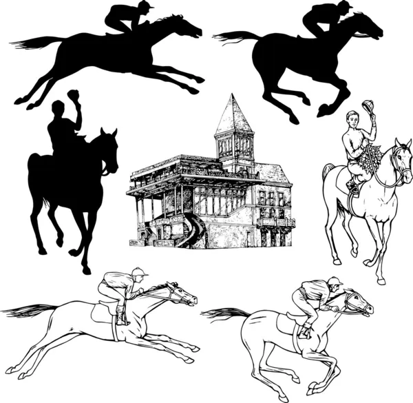 Silhouettes and graphic sketches of horses and jockeys, vintage — Stock Vector