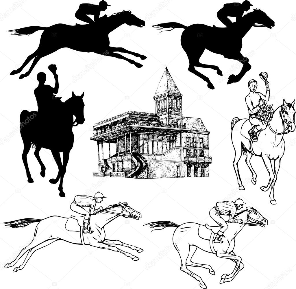 Silhouettes and graphic sketches of horses and jockeys, vintage