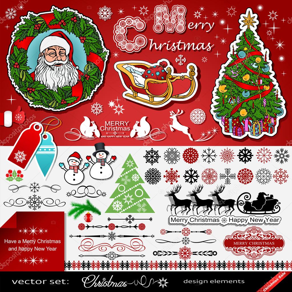 Christmas and New Year decorations vector set, creative, isolated art elements