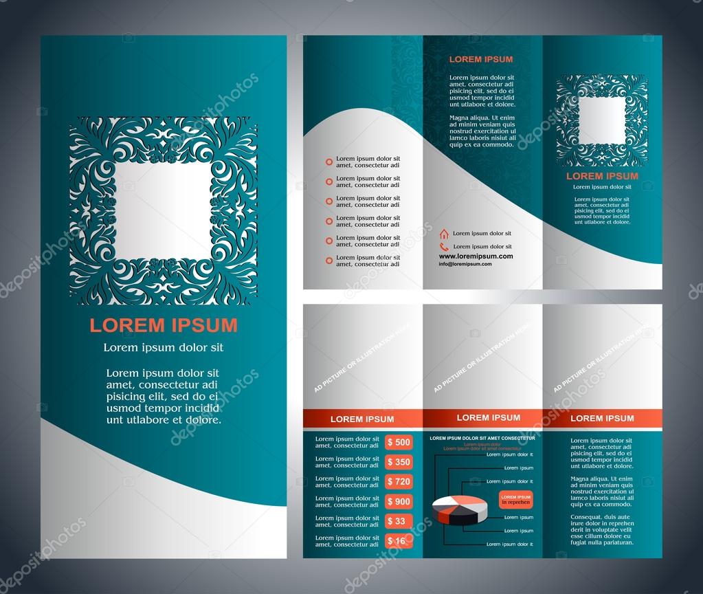 Vintage style brochure template design with modern art elements and ornament, pages layouts in blue color, classic colors and creative solutions for design