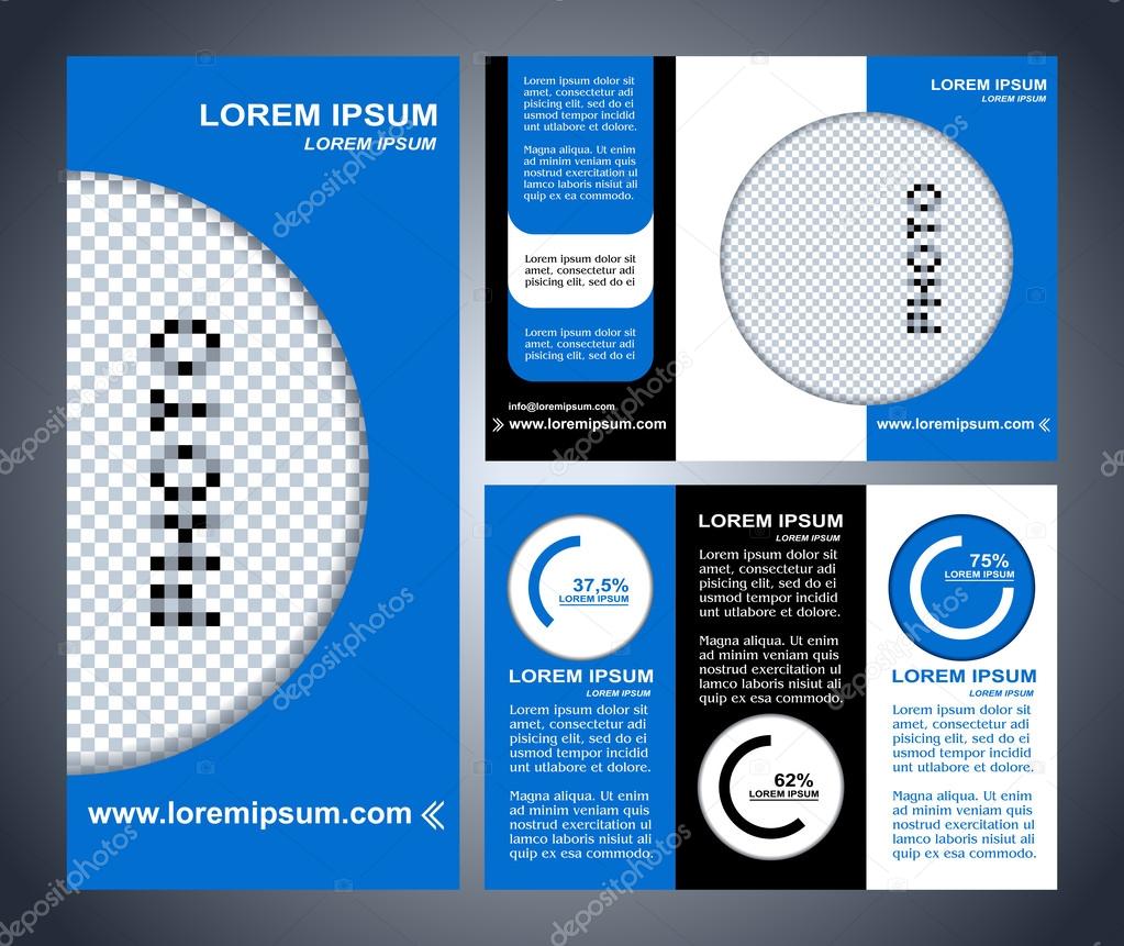 Business brochure layout, three fold flyer template design, presentation cover and pages with modern art elements in blue