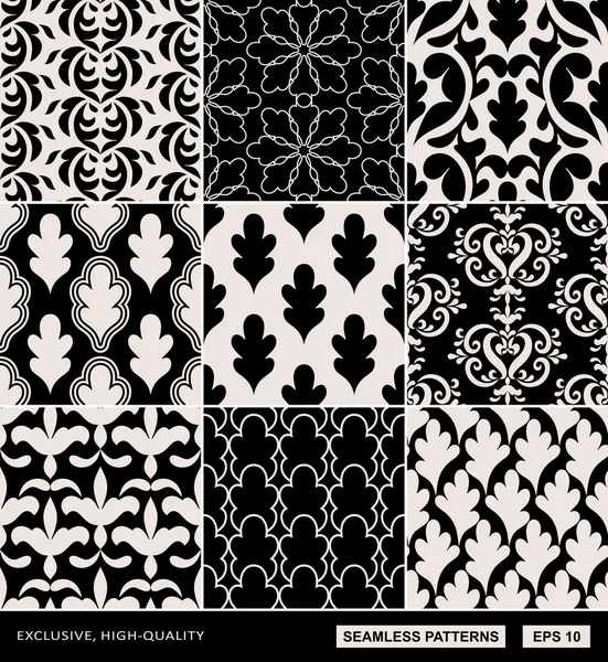 Damask beautiful backgrounds set, old style, luxury ornamentation, fashioned seamless patterns — Stock Vector