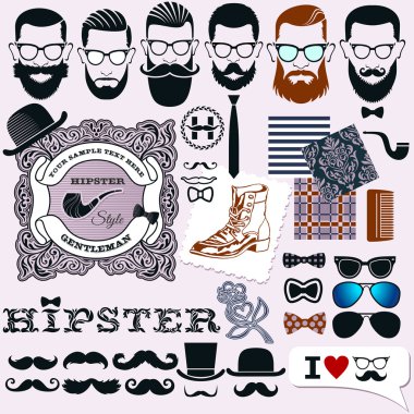 hippi tarzı tasarım, sanatsal izole elemanları, hipsters yüzler, saç ve sakalları şablonları