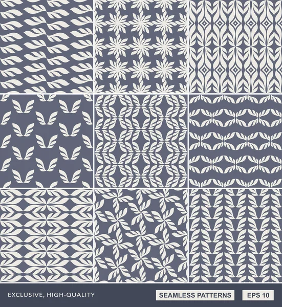 Damašek krásné pozadí set, modré krásné listové ornamenty, staromódní bezešvé vzory — Stockový vektor