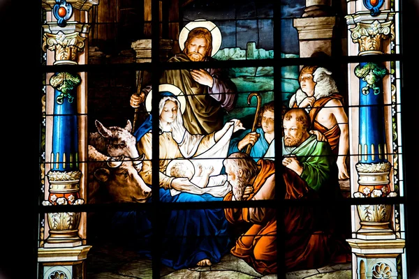 Nativity Scene. Stained glass window in the German Church (St. G — Stock Photo, Image