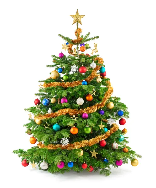 Árbol de Navidad exuberante con adornos coloridos Fotos De Stock Sin Royalties Gratis