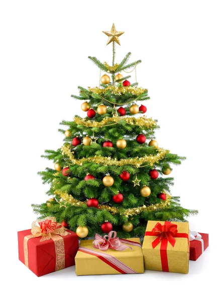 Lush Christmas tree with gift boxes — Stock Photo, Image