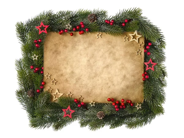 Tarjeta Navidad Con Papel Pergamino Clásico Enmarcado Por Ramas Abeto —  Fotos de Stock