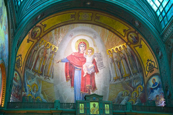 Mosaik Panel Guds Moder Med Barnet Jesus Hennes Armar Omgiven — Stockfoto