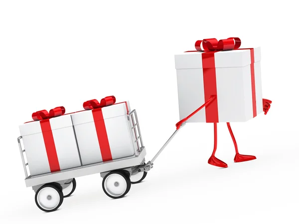 Geschenkbox zieht einen Einkaufswagen — Stockfoto