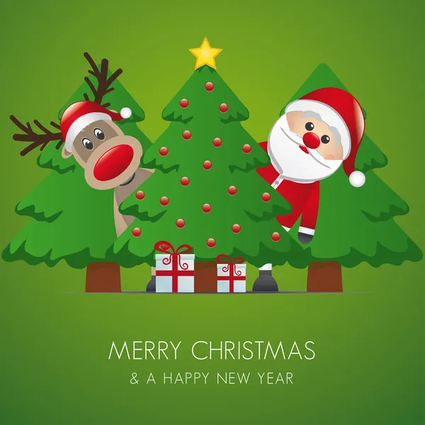 Ταράνδων και χιονάνθρωπος πίσω από το χριστουγεννιάτικο δέντρο δώρα — Διανυσματικό Αρχείο