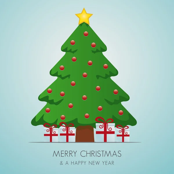Caixa de presente de árvore de Natal e estrela de ouro — Vetor de Stock