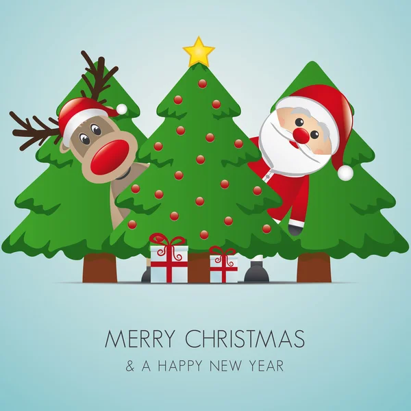 Ren geyiği ve kardan Noel ağacı hediye arkasında — Stok Vektör