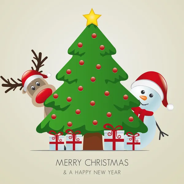 Renas e boneco de neve atrás de presentes de árvore de Natal —  Vetores de Stock