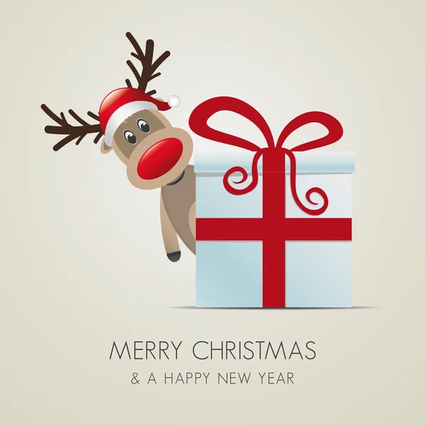 Caja de regalo de Navidad de renos con cinta roja — Vector de stock