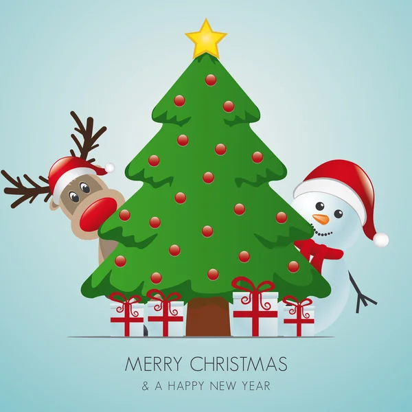 Олень и снеговик за рождественскими елками — стоковый вектор
