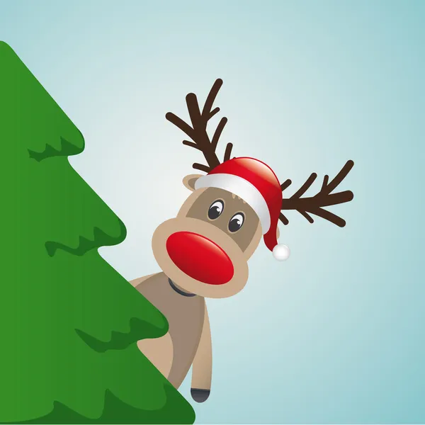 与圣诞老人帽子圣诞节树后面的驯鹿 — 图库矢量图片
