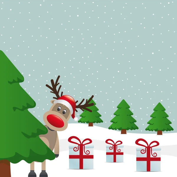 Τάρανδος χειμερινό τοπίο δέντρο και δώρο κουτιά — Διανυσματικό Αρχείο