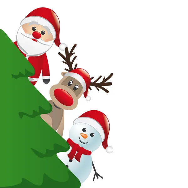 Santa Ren geyiği ve kardan Noel ağacın arkasında