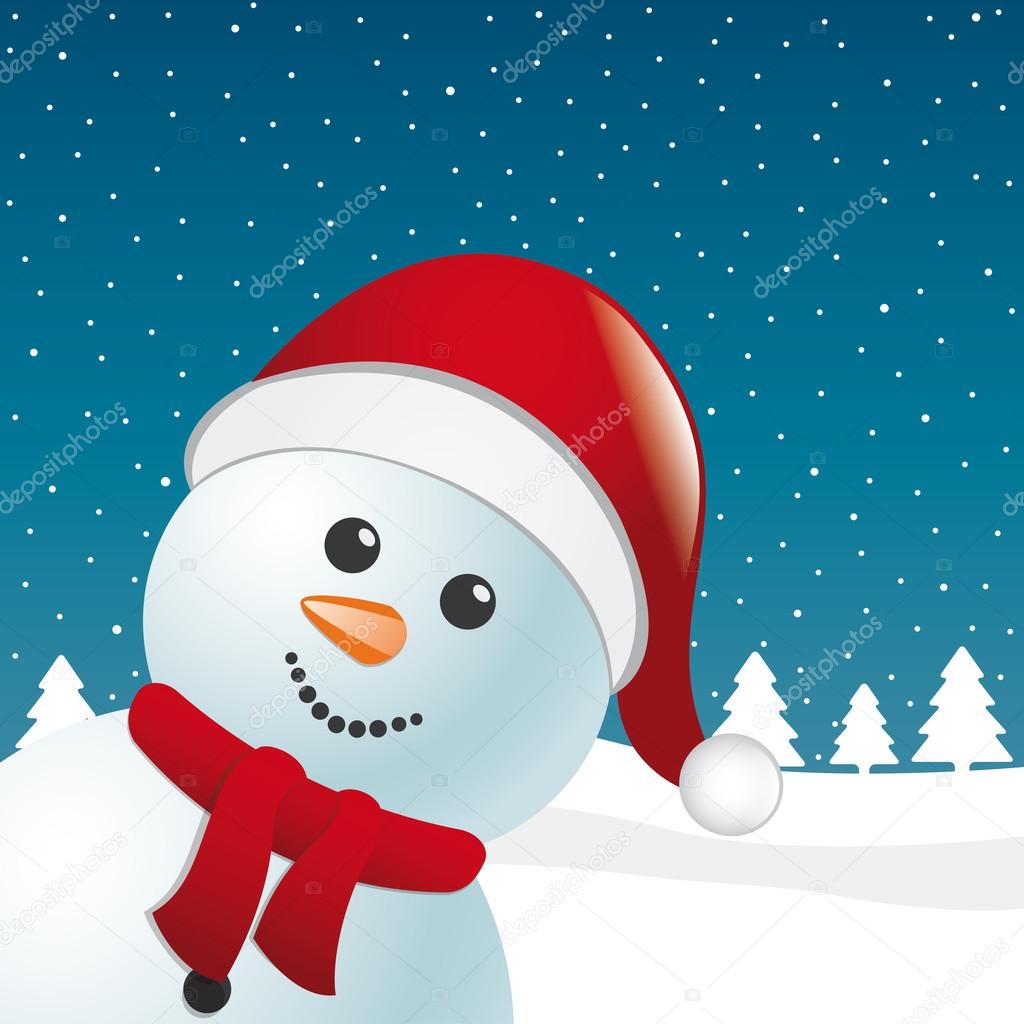 Snowman with scarf and santa claus hat blue background