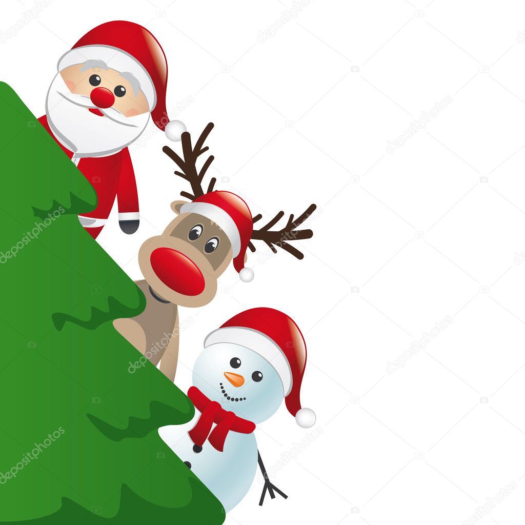Santa reindeer and snowman behind christmas tree