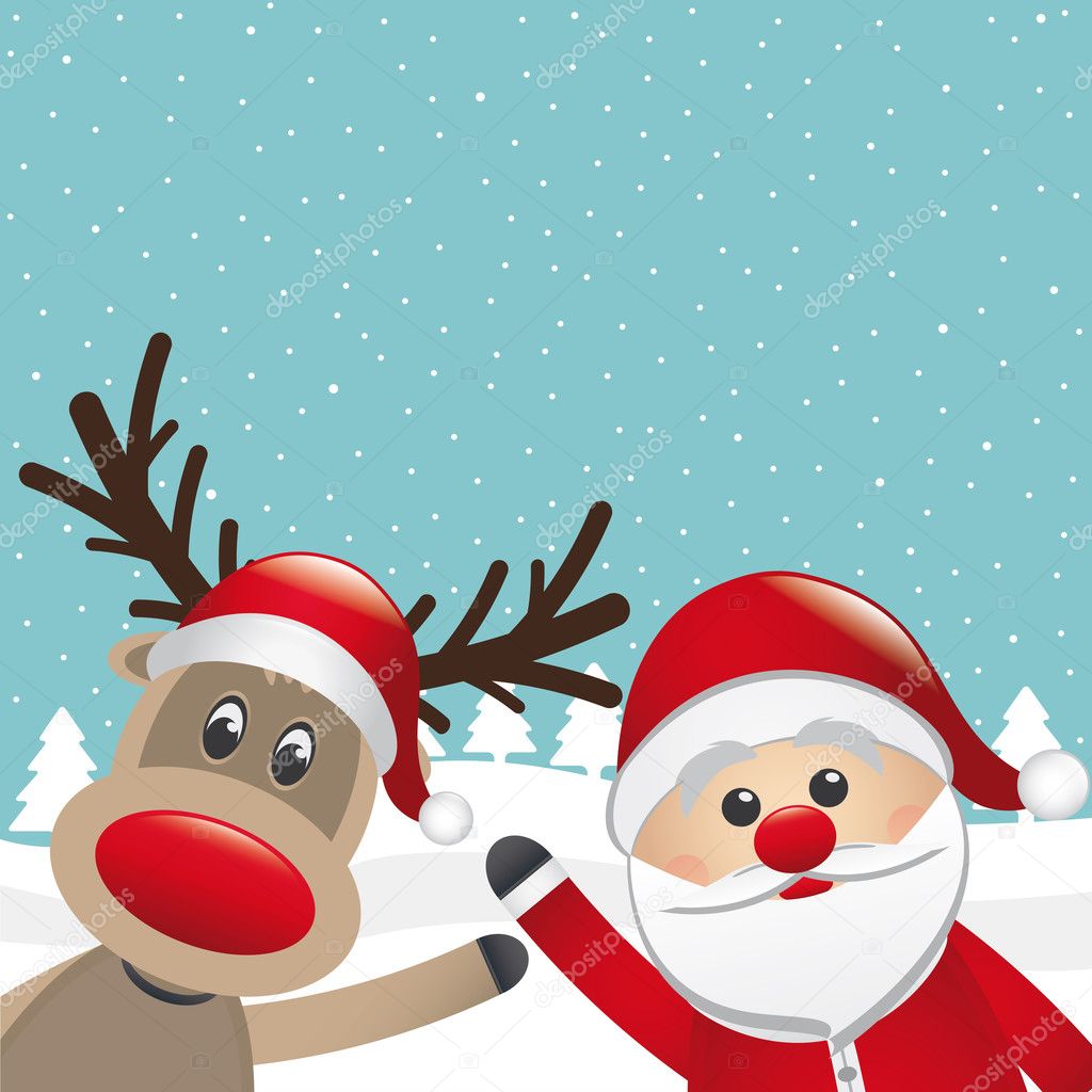 Reindeer red nose and santa claus wave