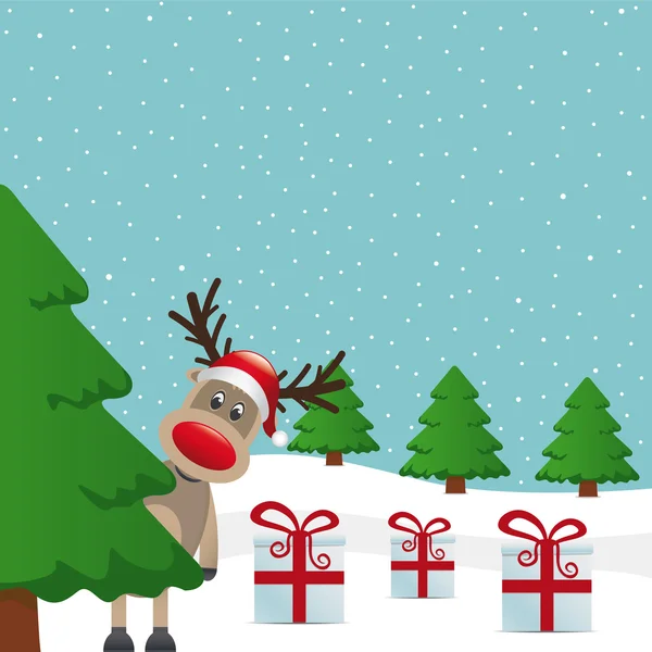 驯鹿冬季景观树和礼品盒 — 图库矢量图片