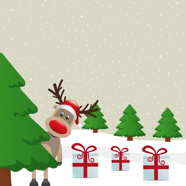 Renne hiver paysage arbre et coffrets cadeaux — Image vectorielle