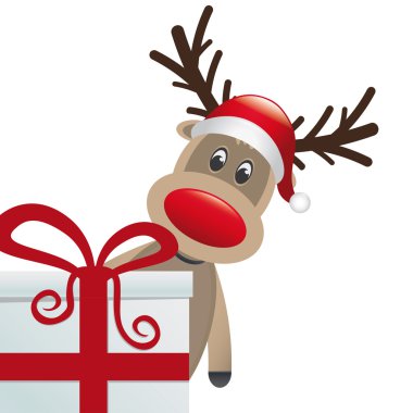 Ren geyiği arkasında hediye kırmızı kurdele beyaz