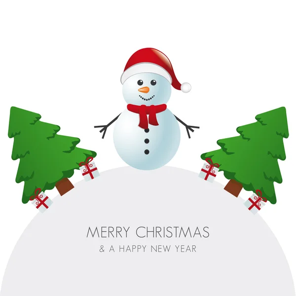 Snögubbe hatt julgran och gåva världen — Stock vektor